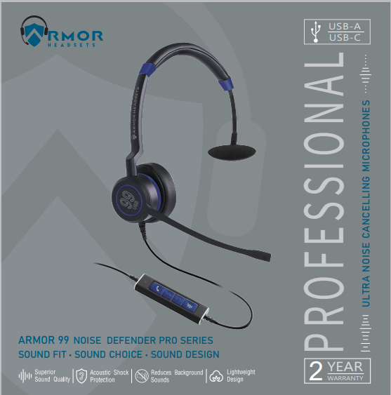 Armor 99 Double Ultra Noise Cancelling USB Wired Headset - Single Ear - Unified Communications